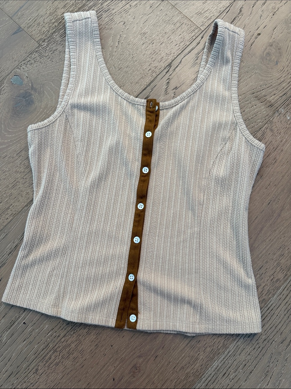 Shyanne Beige Ribbed Tank with Brown Button Placket